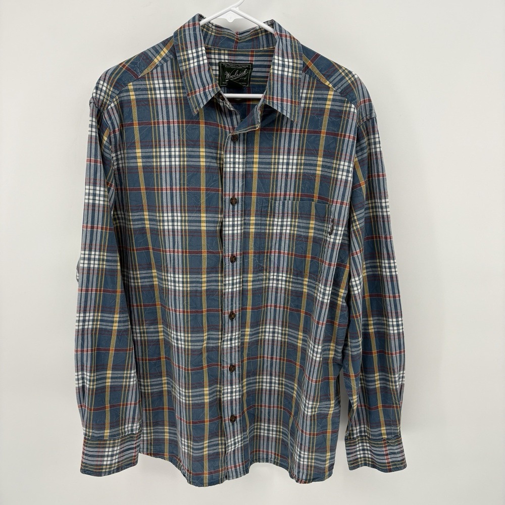 Vintage Woolrich Shirt Mens L Blue Plaid Crinkle Wash Outdoor Workwear Button Up